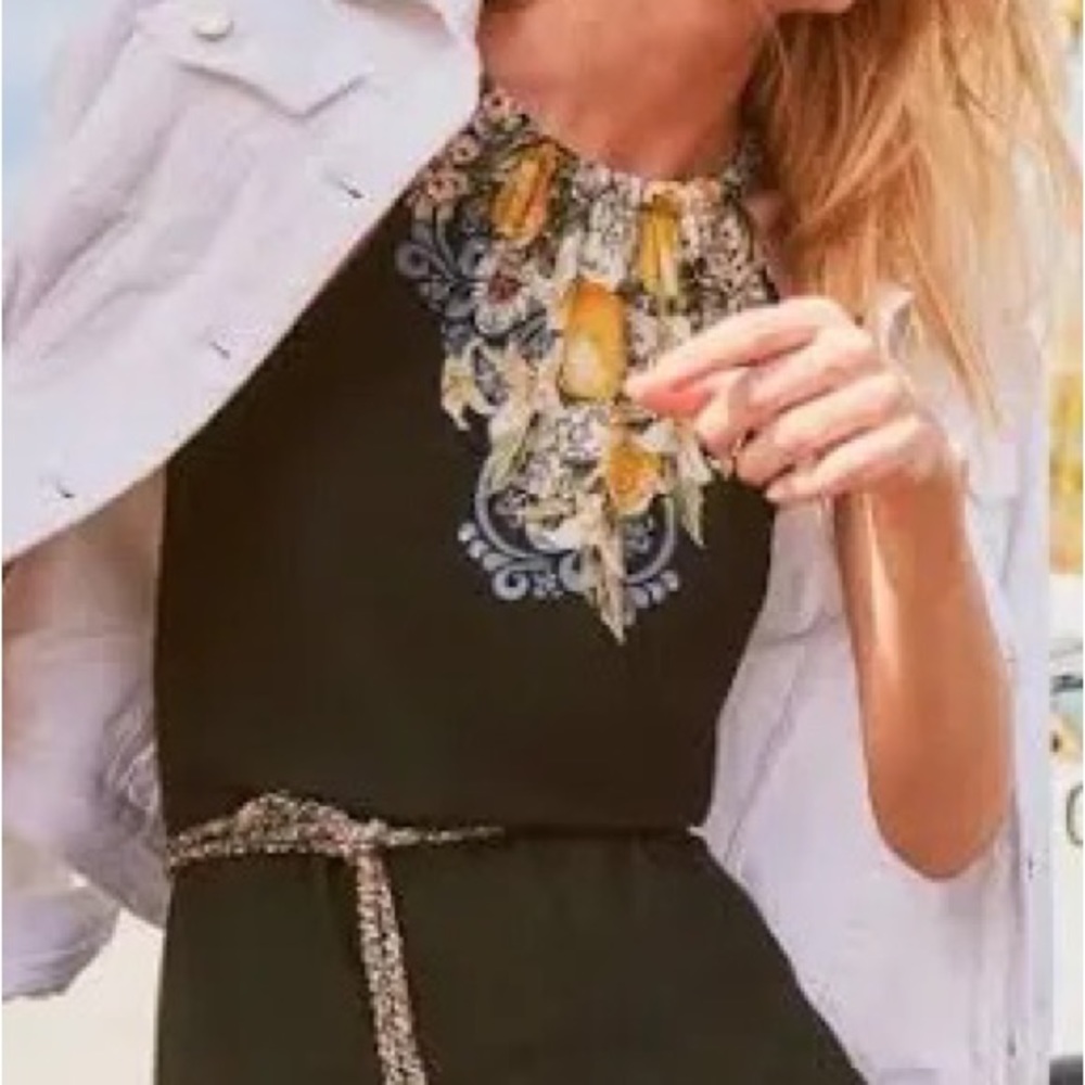 WHBM Sleek Black Lemon Floral Reversible Halter Dress Size S